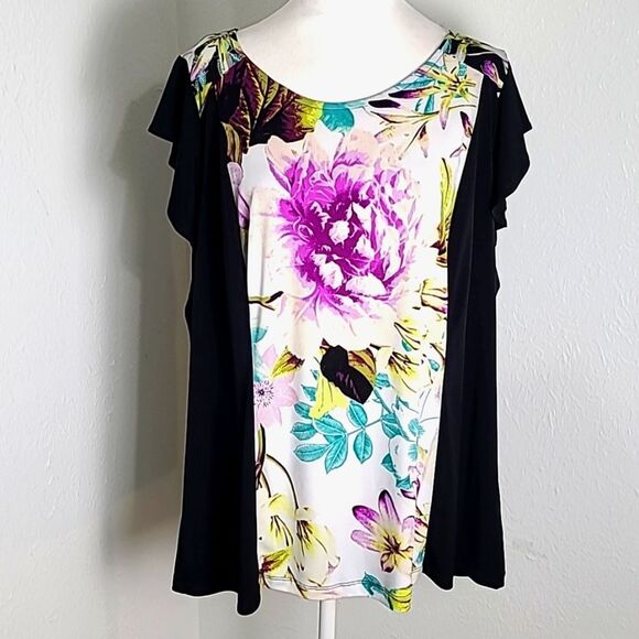Worthington Black Blouse with Center Panel White with Flowers, Size 1X - Picture 1 of 9